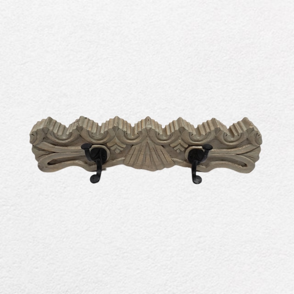 Carved Decorative Solid Wood and Iron 2 Hook Holder